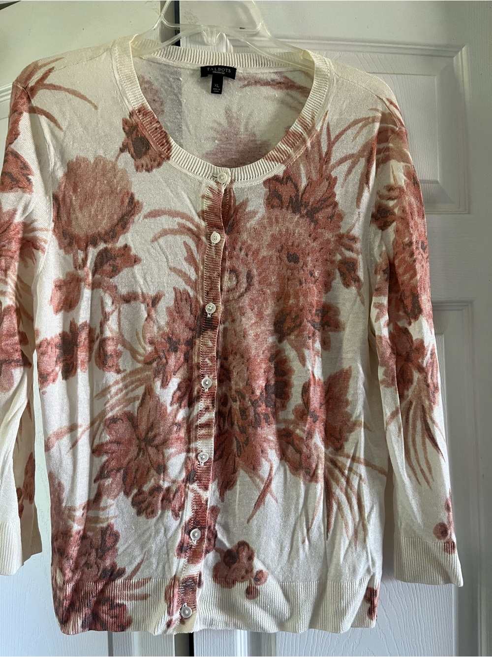 Talbots Cream Linen-Blend Cardigan with Rust-Tone Floral Wash, Long Sleeved